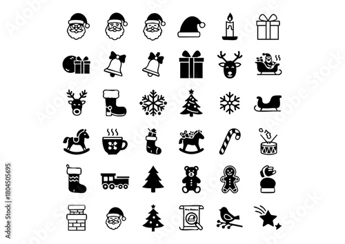 Monochrome Santa Claus Christmas Icon Pack, Black & White Vector Holiday Symbols, Minimalist Father Christmas Glyphs (Line Art)