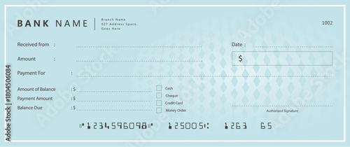 Photos Blank template of a bank check or cheque in a modern, professional, light blue-green color palette with a subtle geometric background pattern