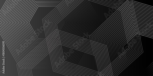 Black abstract background with glowing geometric lines. Dynamic turquoise neon hexagonal lines form a striking geometric pattern on a black background. Hexagonal grid technology pattern. vector .