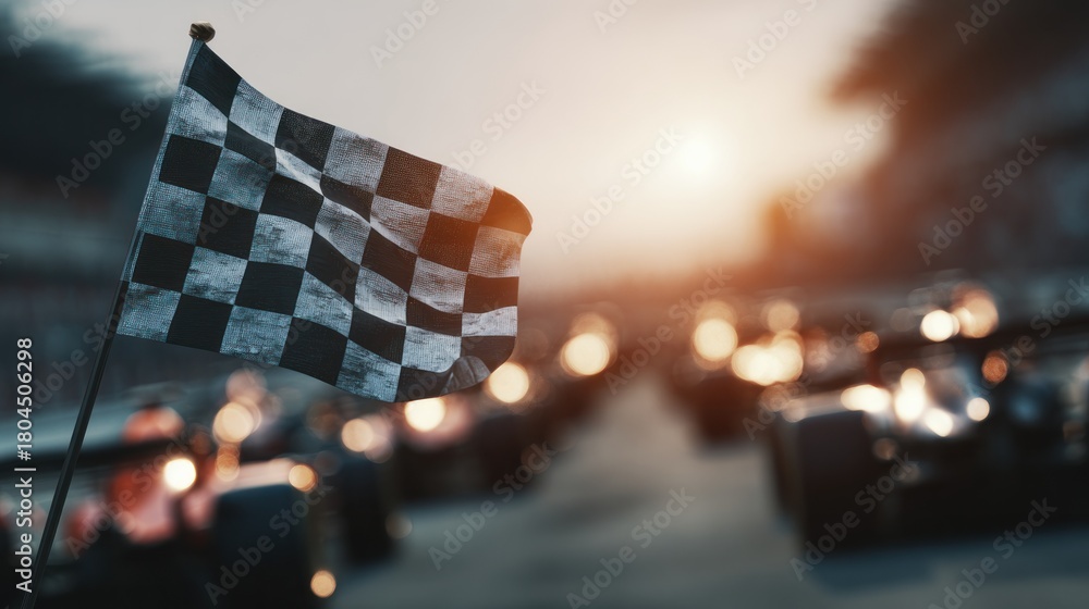 Naklejka premium Checkered flag waving above race cars at speed motion blur