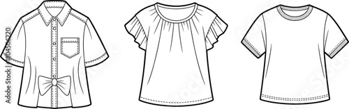 Women’s tops fashion flat, vector CAD sketch, button shirt, ruffle sleeve blouse, basic tee, garment template illustration