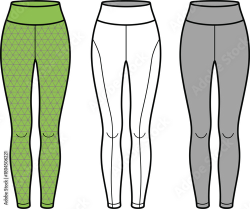 Women’s leggings front view, high waist fitted silhouette, triangle pattern and plain sketch, fashion flat sketch, cad drawing flat vector illustration