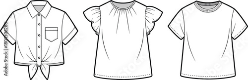 Women’s tops, button-up shirt, sleeveless blouse, basic t-shirt, fashion flat sketch, apparel design, vector illustration, garment CAD