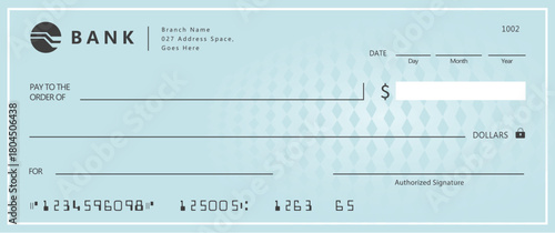 Bank check, vector blank money cheque, checkbook template with guilloche pattern and fields. Currency payment coupon, money check background