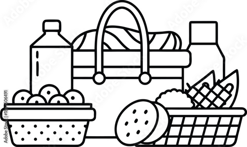 Picnic basket and various food items for outdoor leisure trip
