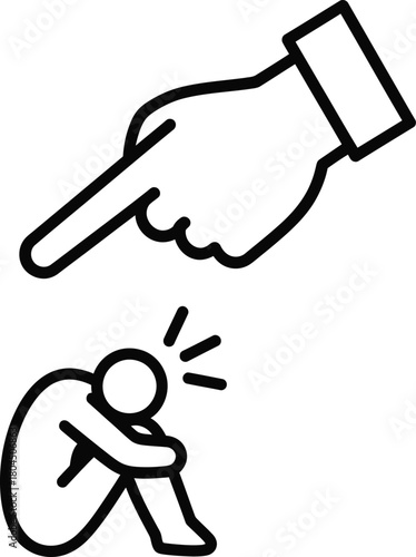 Illustration of bullying concept with pointing finger and sad person eps silhouette