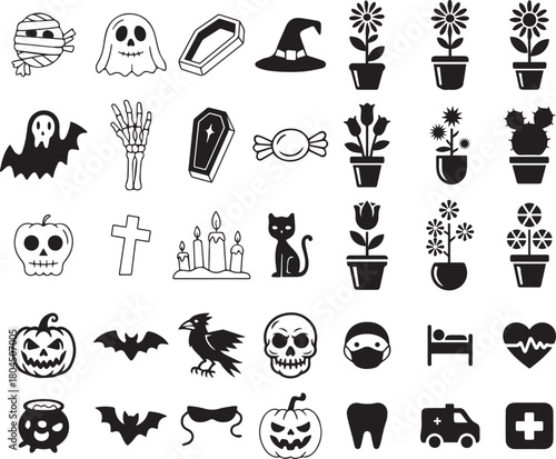 Diverse halloween, medical, and plant icons set for design projects, celebrations, and health awareness.