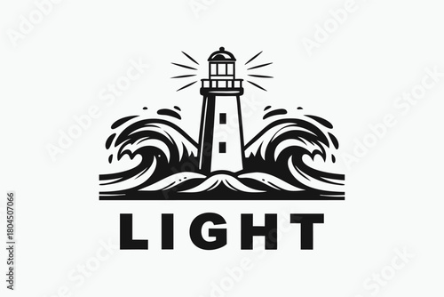 The monochrome lighthouse stands tall against crashing waves with light rays above it