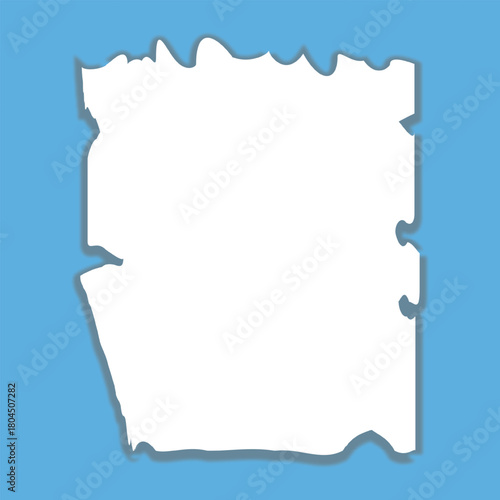 White paper torn and ripped with shadow  design. Empty panel on sky background. 