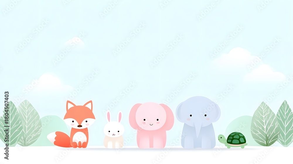 Fototapeta premium Adorable digital illust n of a friendly fox rabbit pastel elephants and a turtle in a whimsical outdoor setting with trees and clouds