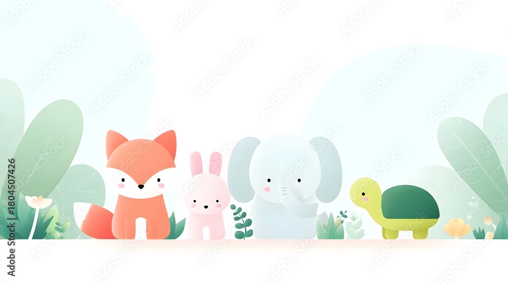 Naklejka premium Adorably depicted cartoon characters of a fox bunny elephant and turtle are gathered in a serene minimalist forest scene with soft green leaves and whimsical flora