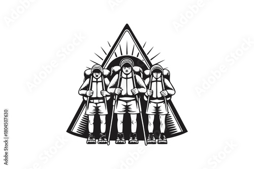 Three Asian hikers stand against a backdrop of mountain peaks in black and white