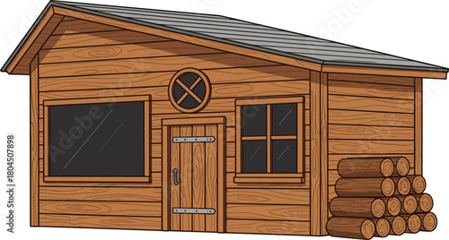 Wooden cabin illustration, rustic shed design, cozy log house artwork, countryside cottage drawing, small home vector, cad drawing flat vector illustration