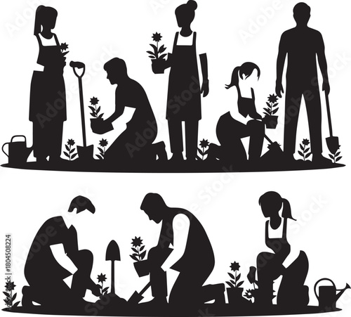 Diverse silhouettes of people gardening together planting flowers and working outdoors international volunteer day