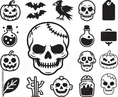 Halloween scary vector icons set: pumpkins, skulls, bats, raven, and creepy elements for holiday design.