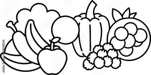 Assorted line art fruits and vegetables drawing for healthy food