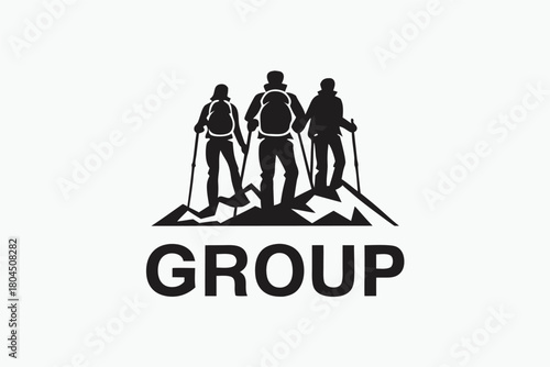 Three backpackers stand on mountain peaks in a monochrome logo silhouette creating a team spirit