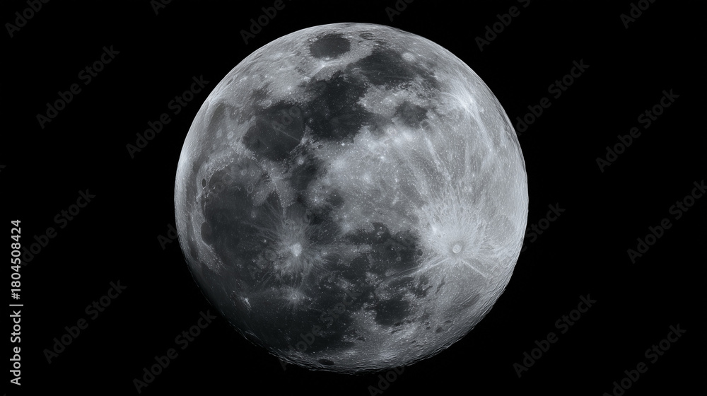 Obraz premium phase. A detailed closeup of the full moon, showcasing its textured surface against the dark expanse of space. STEM education sheets.