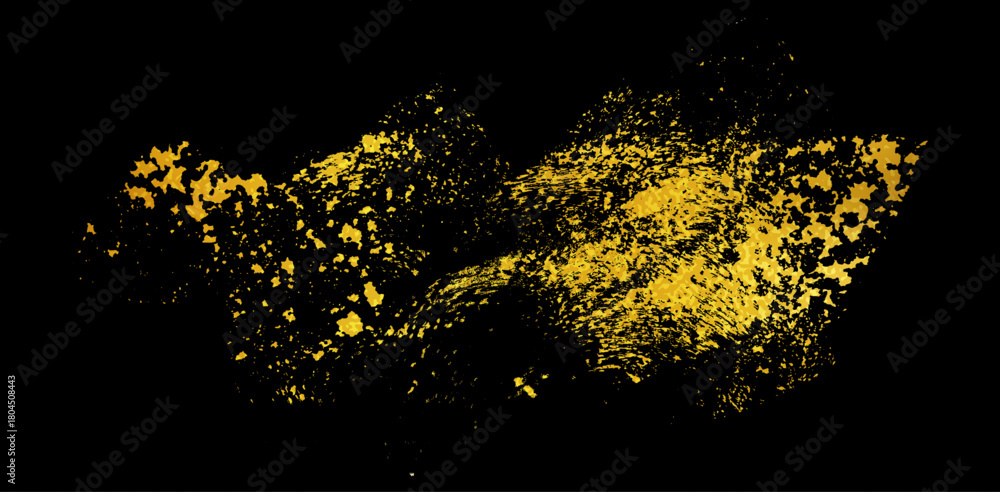 Grunge gold vector texture. Rough distressed golden paint on black background. Transparent overlay effect with old paper edge. Abstract scratched surface, dirty splat design element