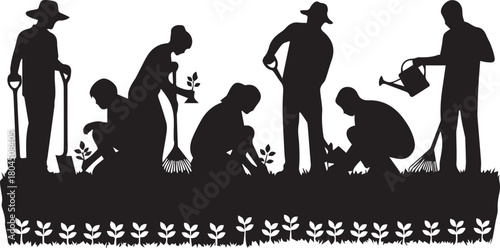 Diverse group of people planting and gardening together in silhouette celebrating community and growth