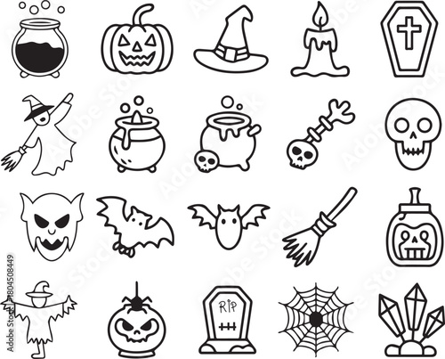 Creepy halloween spooky outline icon set featuring pumpkins, witches, ghosts, bats, cauldrons, skulls, brooms, coffins, gravestone, spiderweb.