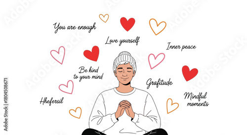 Person meditating surrounded by hearts and positive affirmations promoting self love and inner peace