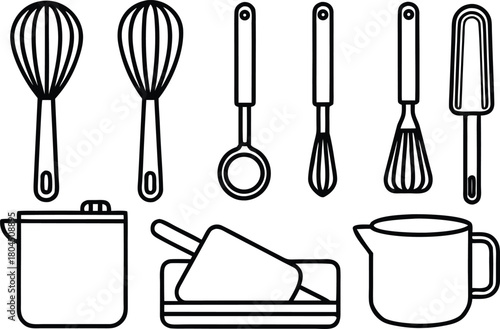 Essential kitchen tools outline set for cooking and baking tasks