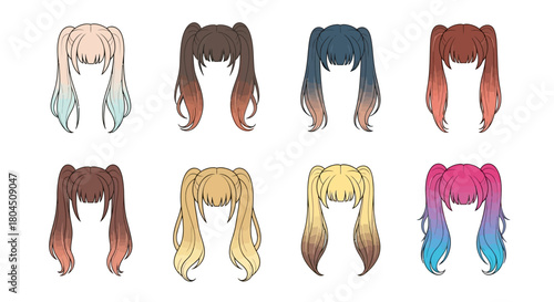 Colorful Anime Style Pigtail Hair Variations for Character Design.