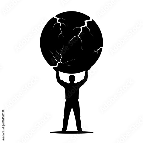 Silhouette of man holding cracked globe symbolizing global crisis with copy space