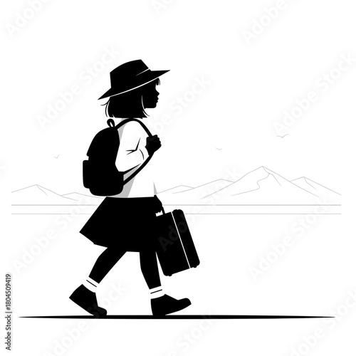 Silhouette of girl traveling alone with suitcase and backpack against mountain backdrop with copy space