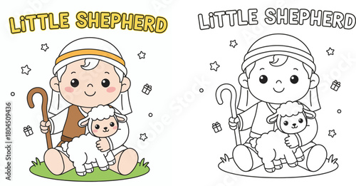 Cute Little Shepherd with Lamb Adorable Biblical Cartoon Character Children's Coloring Page and Nativity Scene Element