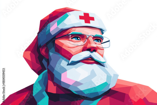 Christmas Santa Claus Doctor Concept, Christmas Santa Claus doctor scientist with white beard red hat medical uniform festive holiday character
