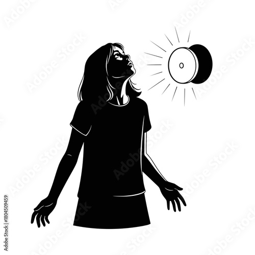Silhouette of girl looking up at flashing emergency light with copy space