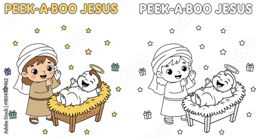Peek a Boo Jesus Adorable Child Playing with Baby Jesus in Manger Fun Christmas Nativity Children's Game and Coloring Page