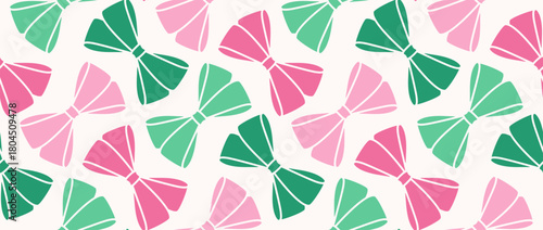 Photos Christmas seamless pattern with silhouette green, pink ribbon bows, hand drawn elements, bow silhouette on white background for gift banner, wallpaper, fabric