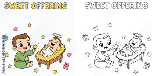 Sweet Offering Cute Child Adoring Baby Jesus with Star Christmas Nativity Scene Coloring Page and Holiday Card Art
