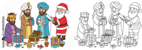The Three Wise Men and Santa with Gifts Festive Christmas and Epiphany Scene Holiday Giving and Cute Cartoon Characters