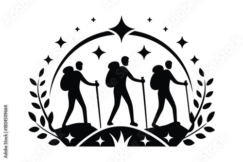 Three backpacker figures traverse rocky terrain with trekking poles amid stars and foliate, a black silhouette