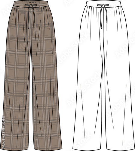 Plaid pants with drawstring waistband and wide leg trousers flat sketch, fashion garment design, CAD drawing flat vector illustration