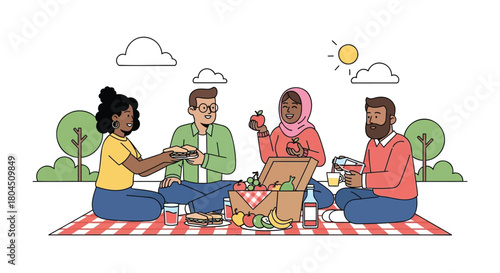 Diverse group of friends enjoying a sunny outdoor picnic together with food and drinks on a checkered blanket