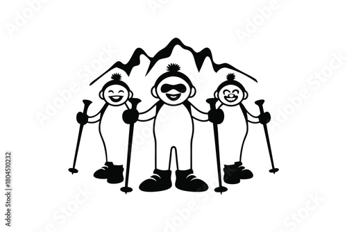 Three cartoon skiers enjoy a mountain outing, holding ski poles, showing happiness