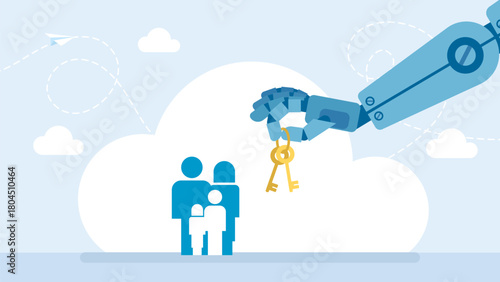 Man and woman receive keys to part property from robot sales agent. Artificial intelligence with house key. Investing money in real estate. Using AI for renting or selling housing. Vector illustration