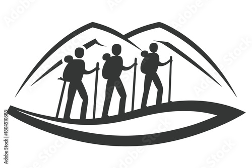 Three hikers are silhouetted against mountains, with backpacks and hiking poles in black and white