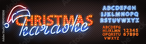 Vector neon sign of Christmas Karaoke with neon alphabet font isolated on transparent background.
