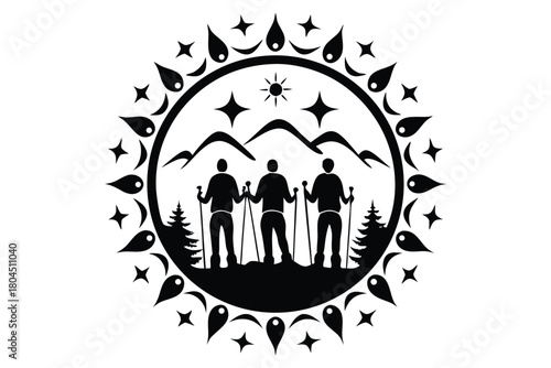 Three hikers ascend mountains beneath a radiant sun, encapsulated by decorative lunar and star elements