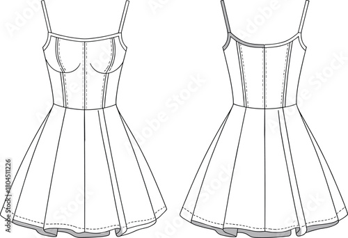 Sleeveless spaghetti strap dress, fitted bodice, flared skirt, fashion cad drawing, flat vector illustration design