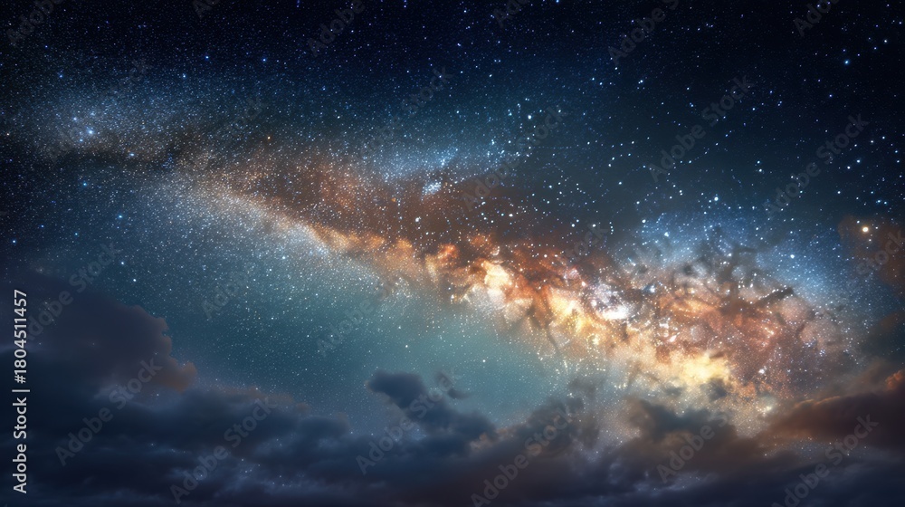 Fototapeta premium Beautiful milky way galaxy with vibrant stars and cosmic dust at night. Astronomy and space science concept for exploration and discovery.