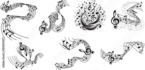 Music Notes Wave Set – Flowing Musical Staff Lines with Notes, Clefs and Melody Swirl Compositions Large Set
