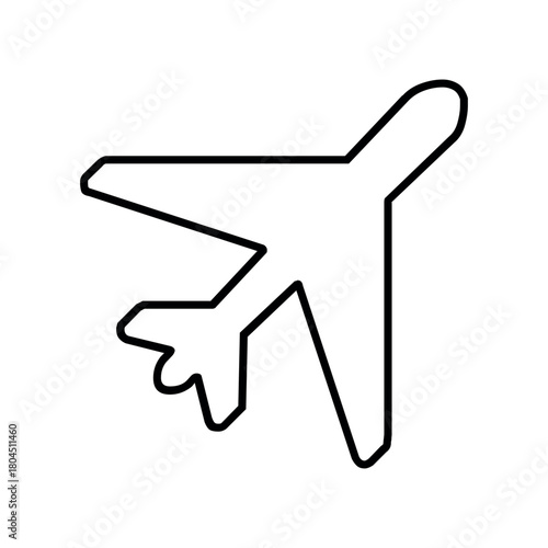 A simple black outline of an airplane with wings and tail on a white background in a top down view