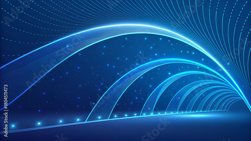 Deep Blue Tech Background – Glowing Curved Lines & Light Trail Abstract Design